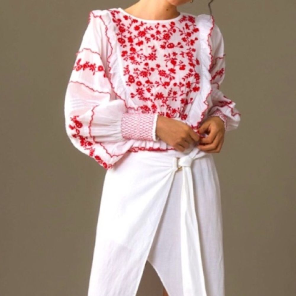 NEW FARM Rio Off-White with Red Embroidered Long Sleeve Blouse Cotton Size XXS - Picture 8 of 16